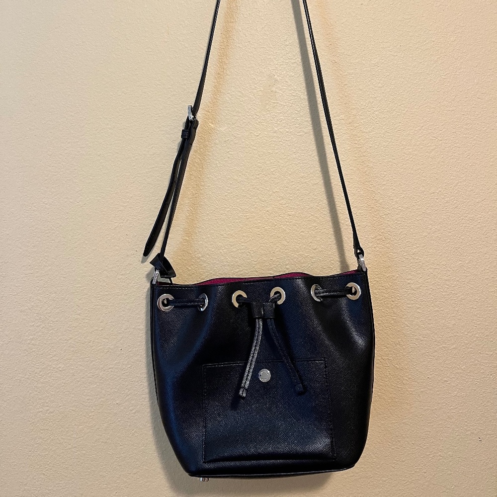 Michael Kors Greenwich Black Saffiano Leather Small Drawstring Bucket Bag